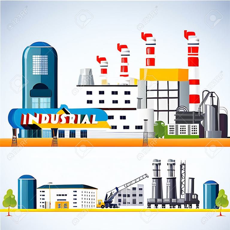 arranha-céu de propriedade industrial com fábrica, armazém, powerplant e conjunto de construção. tipográfico para design de cabeçalho - ilustração vetorial