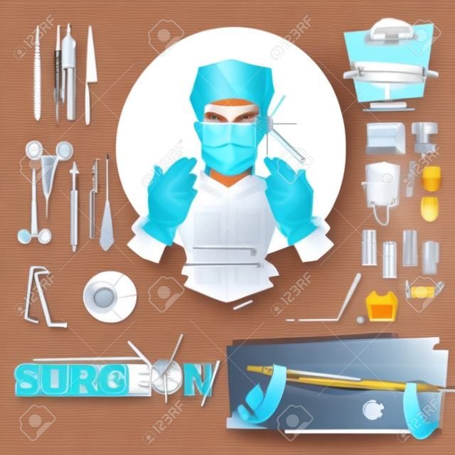 Conception de personnage de médecin chirurgien avec outils chirurgicaux. outils et équipements de salle d'opération. typographique - illustration vectorielle