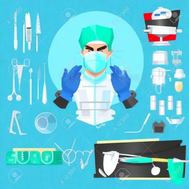 Projekt postaci lekarza chirurga z narzędziami chirurgicznymi. narzędzia i wyposażenie sali operacyjnej. typograficzne - ilustracja wektorowa