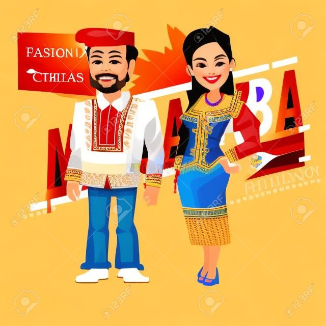 Filipino couple in traditional costume style. Philippines character design - vector illustration