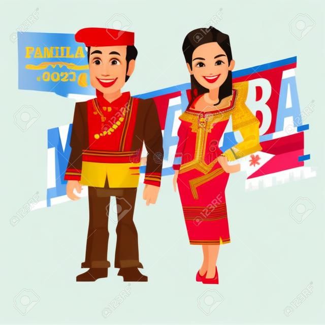 菲律宾夫妇在传统服饰的风格。菲律宾角色设计-矢量图