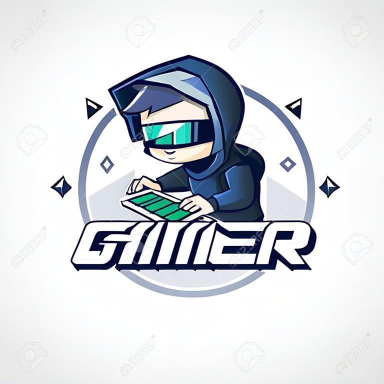 Gamer boy character design in actions. Gamer logo - vector illustration