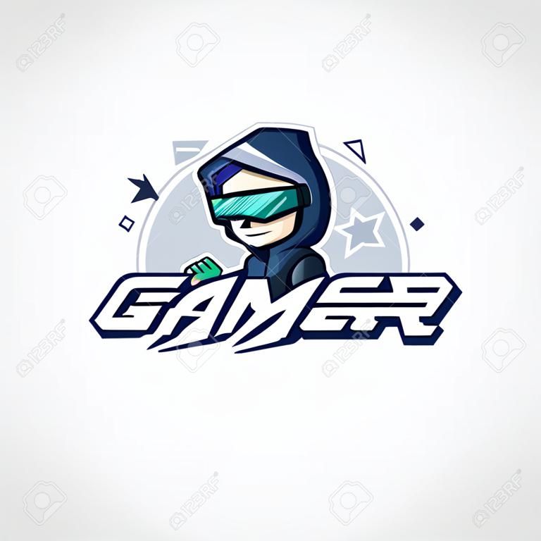Gamer boy karakter ontwerp in acties. Gamer logo - vector illustratie