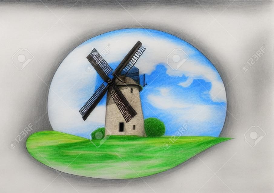 Drawing of landscape with stone windmill and cloud