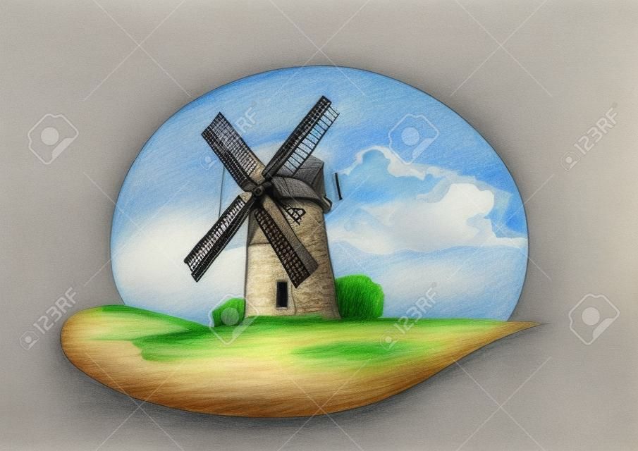 Drawing of landscape with stone windmill and cloud