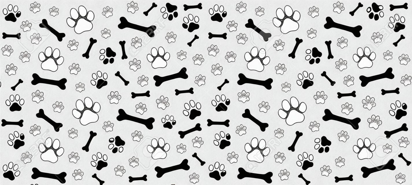 Nahtloses endloses Muster von Spuren von Hundepfoten. Hundebeine und Knochen. Monochromes Schwarzweiß