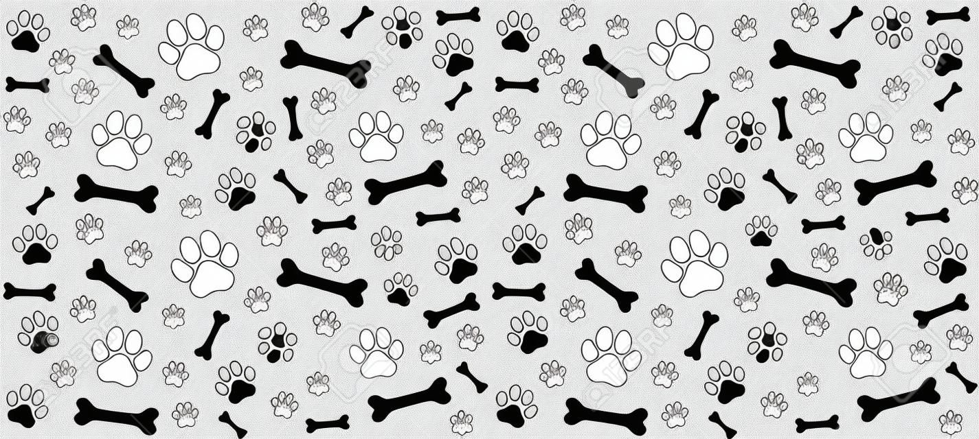 Nahtloses endloses Muster von Spuren von Hundepfoten. Hundebeine und Knochen. Monochromes Schwarzweiß