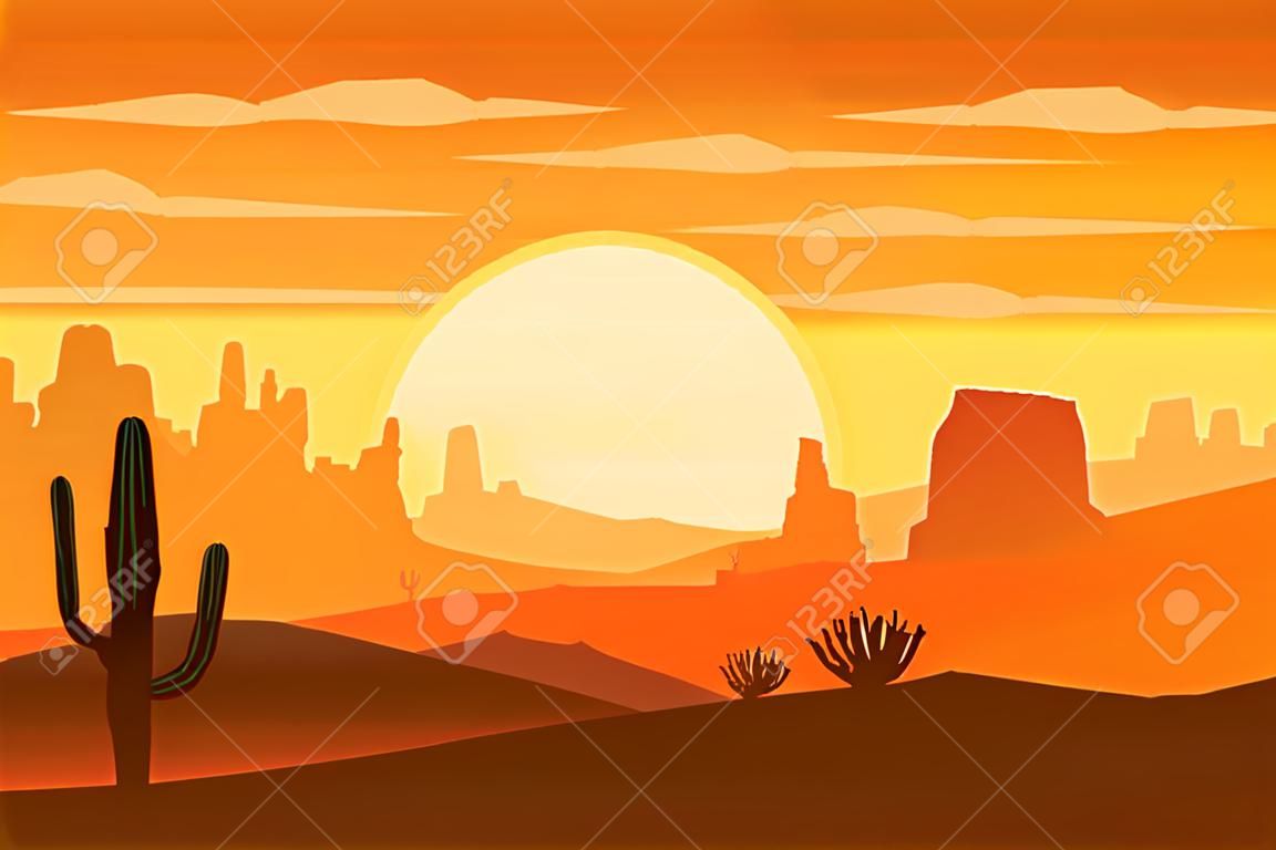 Paisagem do deserto no pôr do sol com fundo de silhuetas de cacto e colinas - ilustração vetorial