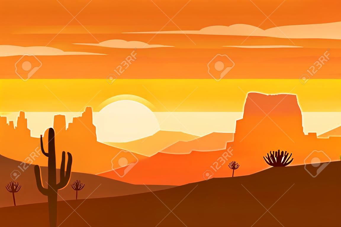 Paisagem do deserto no pôr do sol com fundo de silhuetas de cacto e colinas - ilustração vetorial