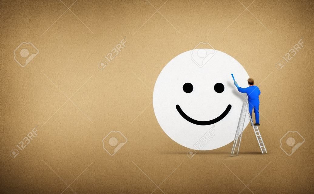Customer Feedback Concept : Painter standing on ladder and painting face emotions in happiness symbol for best service ranking.