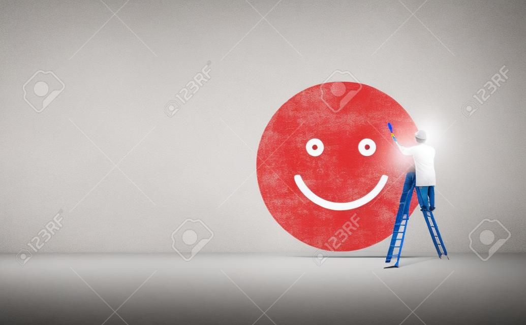 Customer Feedback Concept : Painter standing on ladder and painting face emotions in happiness symbol for best service ranking.