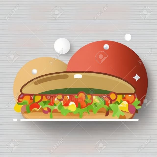 Sándwich grande con pasta de tomate, chuleta de pollo y ensalada. Estilo de dibujos animados plana. Icono de comida rápida aislado para cartel, diseño web, banner, logotipo o insignia. Ilustración de vector colorido.