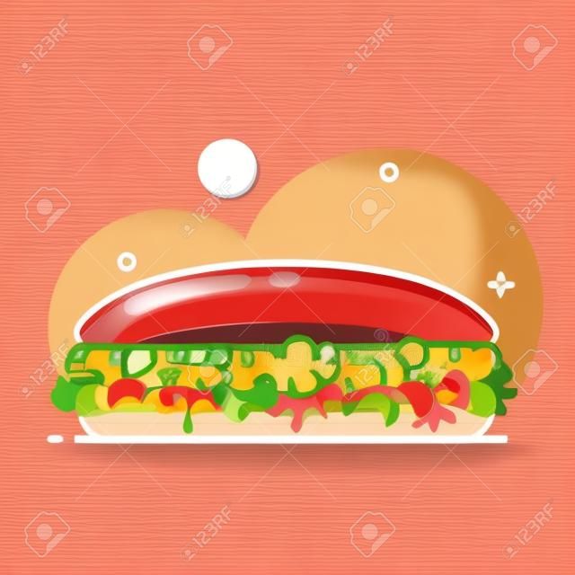 Big sandwich with tomato paste, chicken cutlet and salad. Flat cartoon style. Isolated fast food icon for poster, web design, banner, logo or badge. Colorful vector illustration.