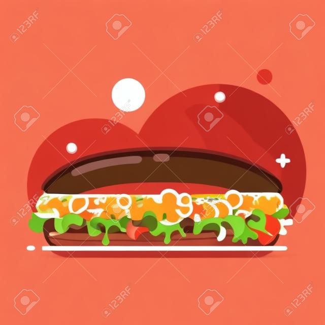 Sándwich grande con pasta de tomate, chuleta de pollo y ensalada. Estilo de dibujos animados plana. Icono de comida rápida aislado para cartel, diseño web, banner, logotipo o insignia. Ilustración de vector colorido.