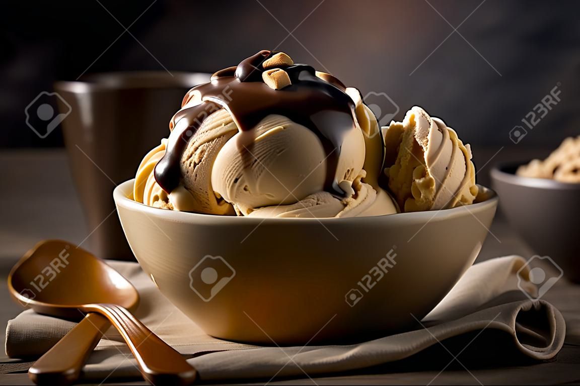 Un bol de délicieuse glace au café sur fond sombre.