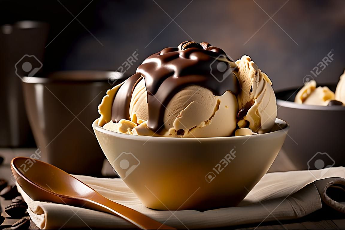 Un bol de délicieuse glace au café sur fond sombre.
