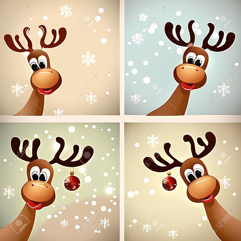 Four funny christmas reindeer with christmas balls nad snow - bitmap illustration