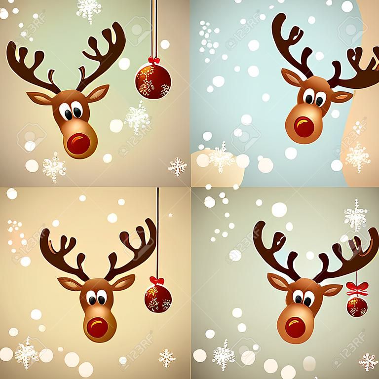 Four funny christmas reindeer with christmas balls nad snow - bitmap illustration