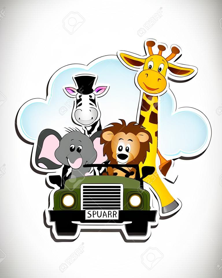 giraffe, elephant, zebra and lion driving green car illustration