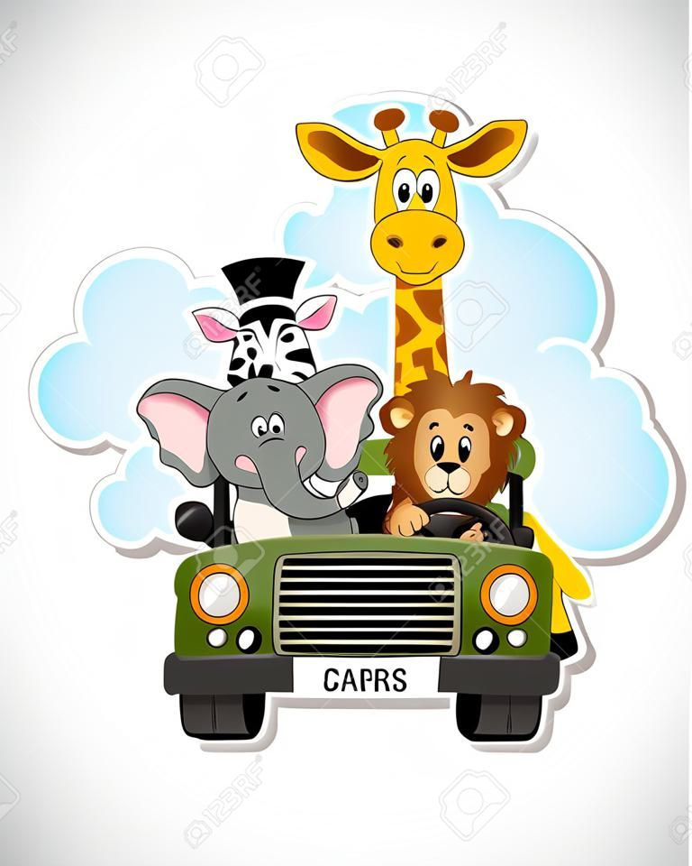 giraffe, elephant, zebra and lion driving green car illustration