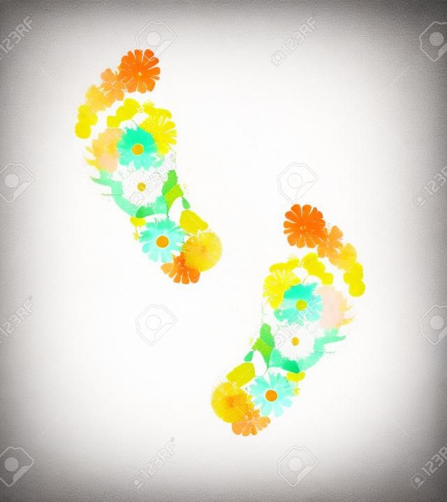 abstract footprints composed from spring flowers on white background illustration