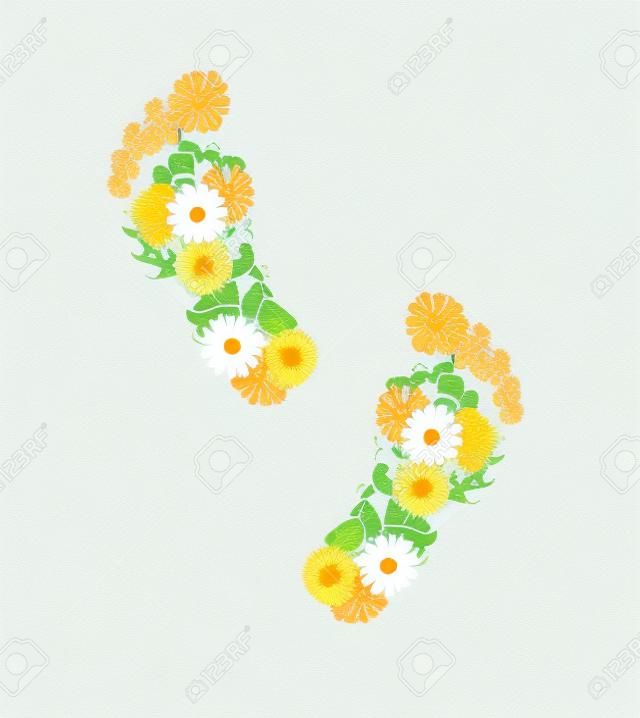 abstract footprints composed from spring flowers on white background illustration