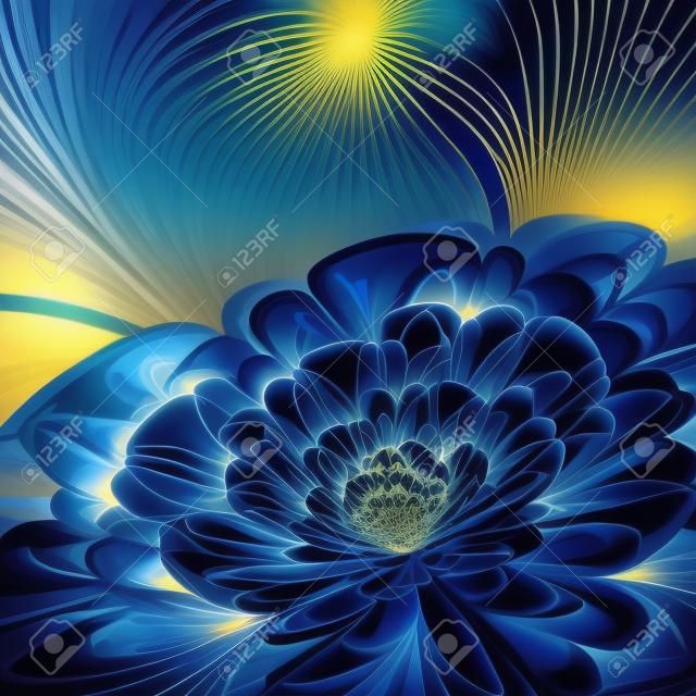 donkerblauwe fractal bloem met gouden stralen, illustratie