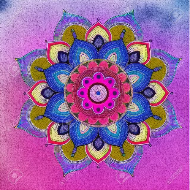 Mandala coloré d'un arc-en-ciel sur fond rose, illustration