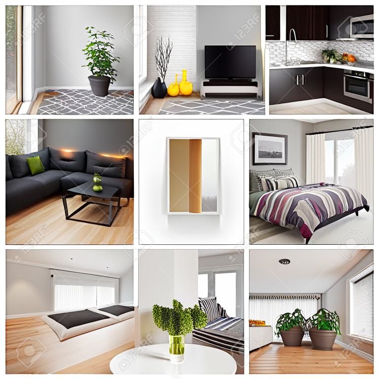 Moderna sala de casa de estar, comedor, dormitorio, cocina, cuarto de baño Colección de 9 imágenes