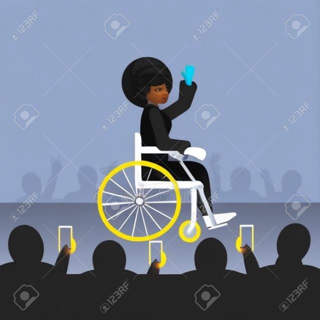 A young black African American girl with a disability in a wheelchair rides on the catwalk at a fashion show. A disabled person is a top model in a fashion house. Vector flat illustration