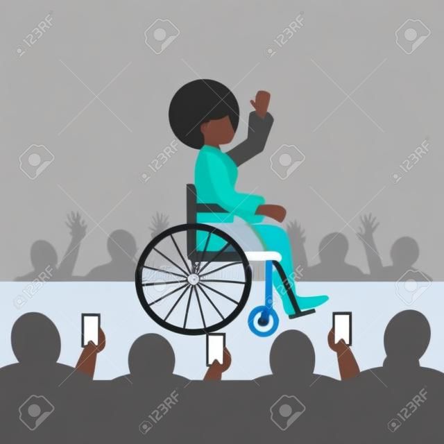 A young black African American girl with a disability in a wheelchair rides on the catwalk at a fashion show. A disabled person is a top model in a fashion house. Vector flat illustration