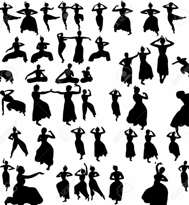Silhouettes of woman performing indian dance bharatanatyam