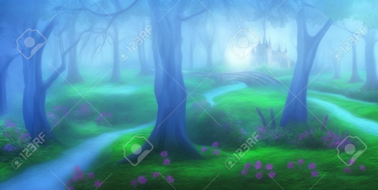 Floresta mágica ao redor do castelo de conto de fadas