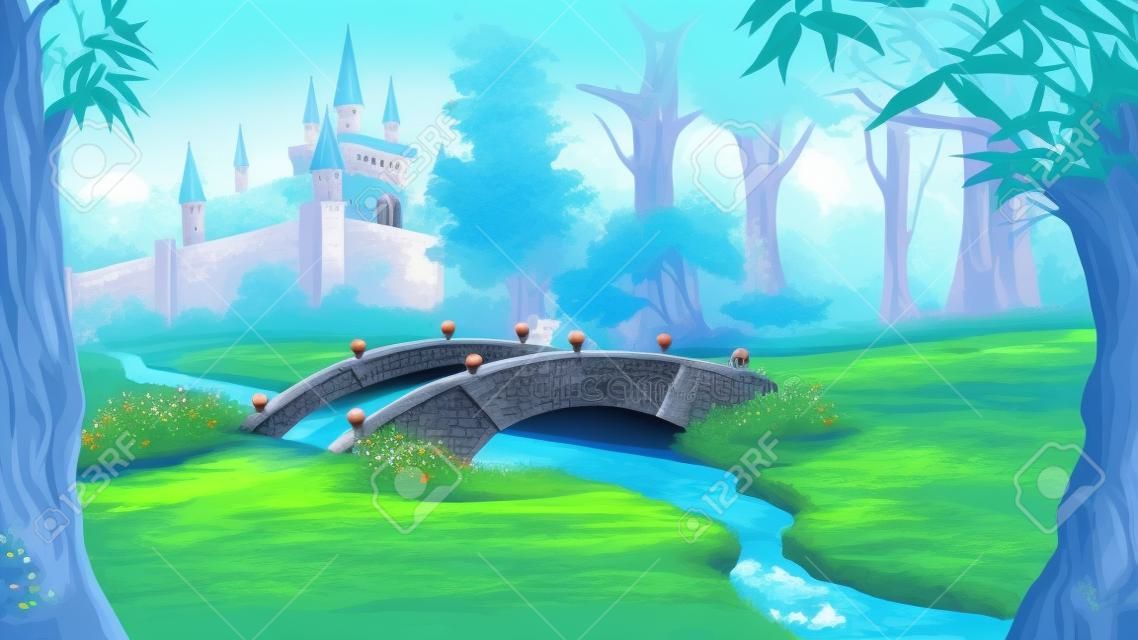 Пейзаж с сказочным замком в лесу и небольшой мост через голубую реку. Фон цифровой живописи, иллюстрации в стиле мультяшный стиль.