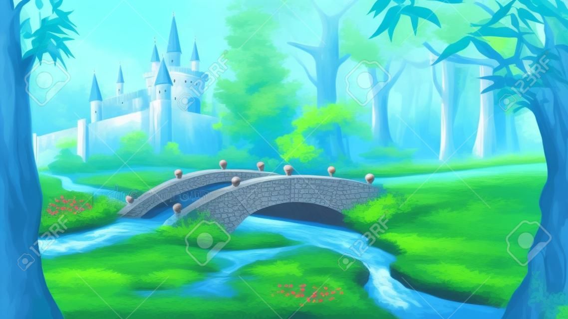 Paisaje con castillo de cuento de hadas en un bosque y pequeño puente sobre el río azul. Fondo de la pintura de Digitaces, ilustración en carácter del estilo de la historieta.