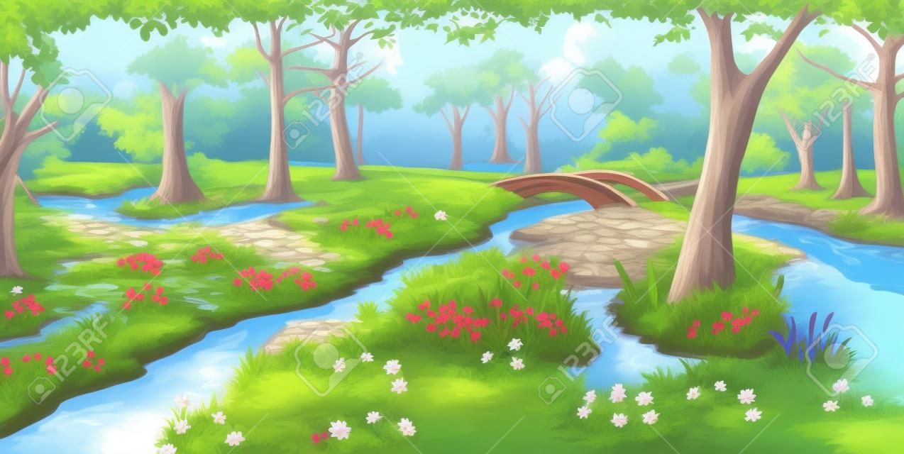在小河上的小橋的田園詩般的看法。公園內的水附近的灌木叢和鮮花。數字繪畫背景，卡通風格人物插圖。