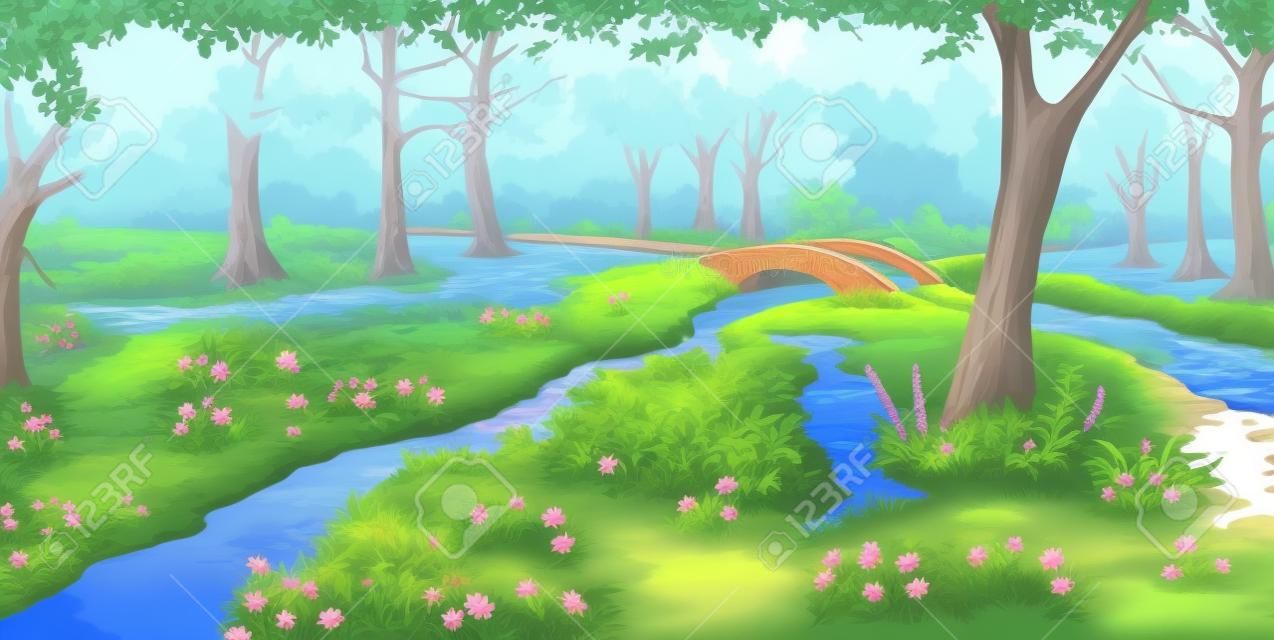 在小河上的小橋的田園詩般的看法。公園內的水附近的灌木叢和鮮花。數字繪畫背景，卡通風格人物插圖。