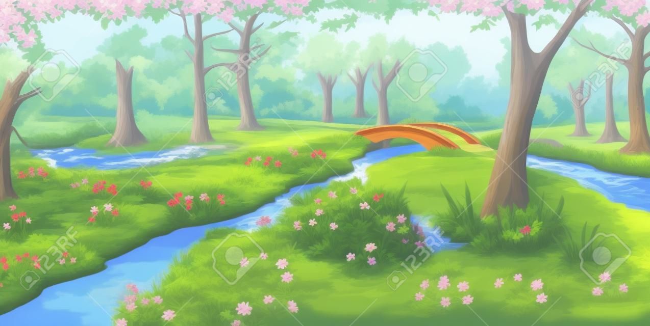Vue idyllique du petit pont sur le ruisseau. Arbustes et fleurs près d'une eau dans un parc public. Fond de peinture numérique, illustration en caractère de dessin animé.
