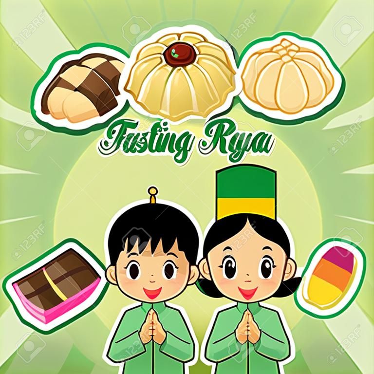 Selamat Hari Raya Aidilfitri vector illustration with traditional kuih raya and cute muslim boy and girl. Caption: Fasting Day of Celebration