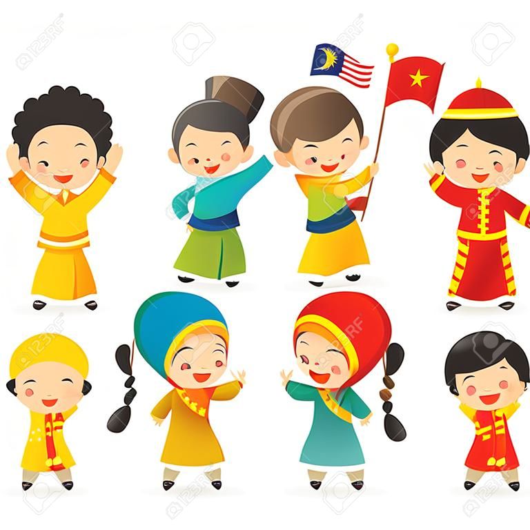 マレーシア国民/独立記念日のイラスト。マレーシアの旗を保持しているマレー語、インド人、中国のかわいい漫画のキャラクターの子供たち。8月31日、メルデカ。