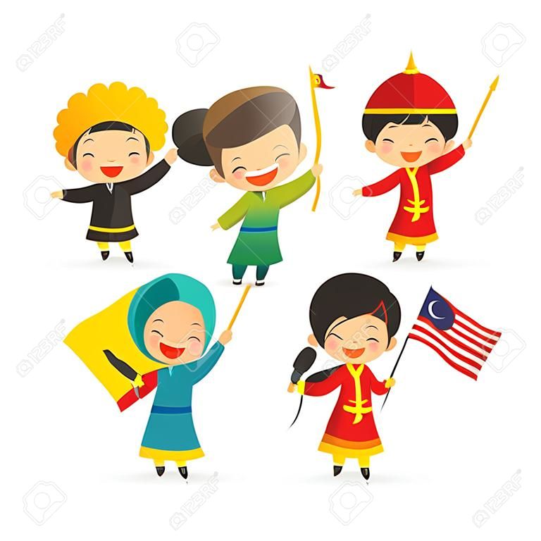 말레이시아 국립 / 독립 기념일 그림. 말레이시아 국기를 들고 말레이, 인도 및 중국의 귀여운 만화 캐릭터 아이. 8 월 31 일, 메르 데카.
