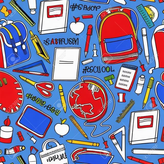 Vektor nahtlose Muster Zurück zu Schule. Hand gezeichnet liefert doodle Schule und handschriftliche Hashtags in blauen und roten Farben auf weißem Hintergrund. Drucken, Hintergrund, Tapeten, Geschenkpapier-Design.
