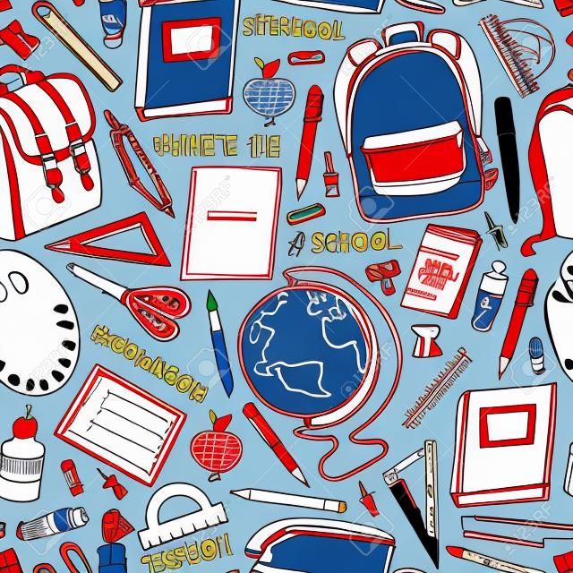 Vector seamless pattern Back to school. Hand drawn doodle school supplies and handwritten hashtags in blue and red colors on white background. Print, backdrop, wallpaper, wrapping paper design.