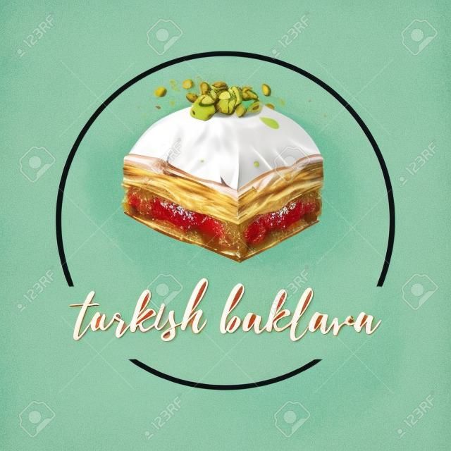 Ilustración vectorial de delicias turcas Baklava con pistacho en la composición del círculo. Postre dibujado a mano con contorno negro y textura acuarela brillante. Diseño de logotipo o banner para diseño de menú de cafetería