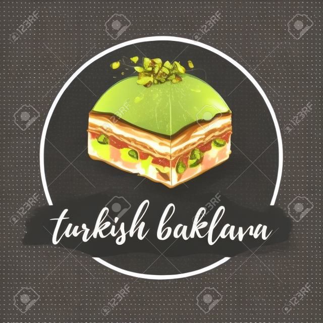 Ilustración vectorial de delicias turcas Baklava con pistacho en la composición del círculo. Postre dibujado a mano con contorno negro y textura acuarela brillante. Diseño de logotipo o banner para diseño de menú de cafetería