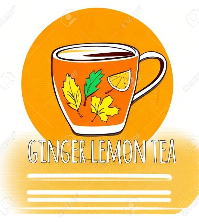 Vector illustration with take away cup with hot ginger lemon tea. Hand drawn cup on an orange circle background with autumn leaves pattern. Isolated on white background.