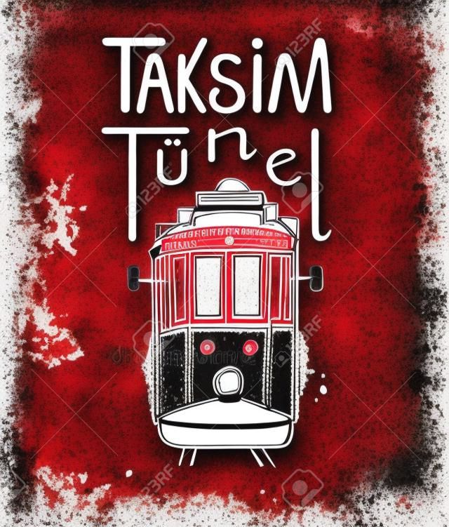 Illustrazione vettoriale di trasporto pubblico tradizionale turco Taksim Tunel. Tram di Istanbul famoso disegnato a mano. Contorno nero, texture acquerello rosso e scritte a mano. Isolato su sfondo bianco