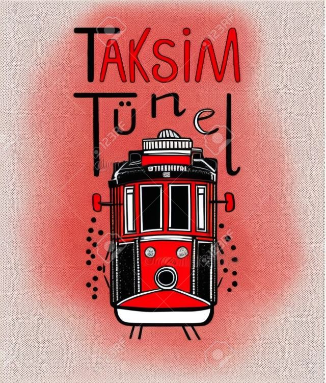 Illustrazione vettoriale di trasporto pubblico tradizionale turco Taksim Tunel. Tram di Istanbul famoso disegnato a mano. Contorno nero, texture acquerello rosso e scritte a mano. Isolato su sfondo bianco