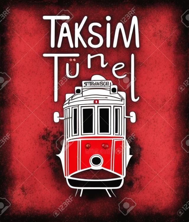 Векторная иллюстрация традиционного турецкого общественного транспорта Taksim Tunel. Нарисовал знаменитый трамвай в Стамбуле. Черный контур, красная акварельная текстура и ручная надпись. Изолированные на белом фоне.
