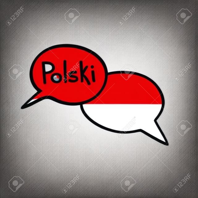 Un'illustrazione di vettore con due fumetti disegnati a mano di scarabocchio con una bandiera nazionale della Polonia e del nome scritto mano della lingua polacca. Design moderno per la lingua.